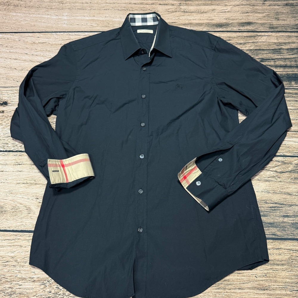 Burberry Brit Button Up Shirt Mens M Black Nova Check Trim Long Sleeve Flip Cuff